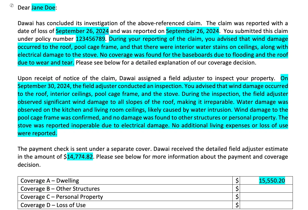 Illustrative claim-letter output with highlighted policy language